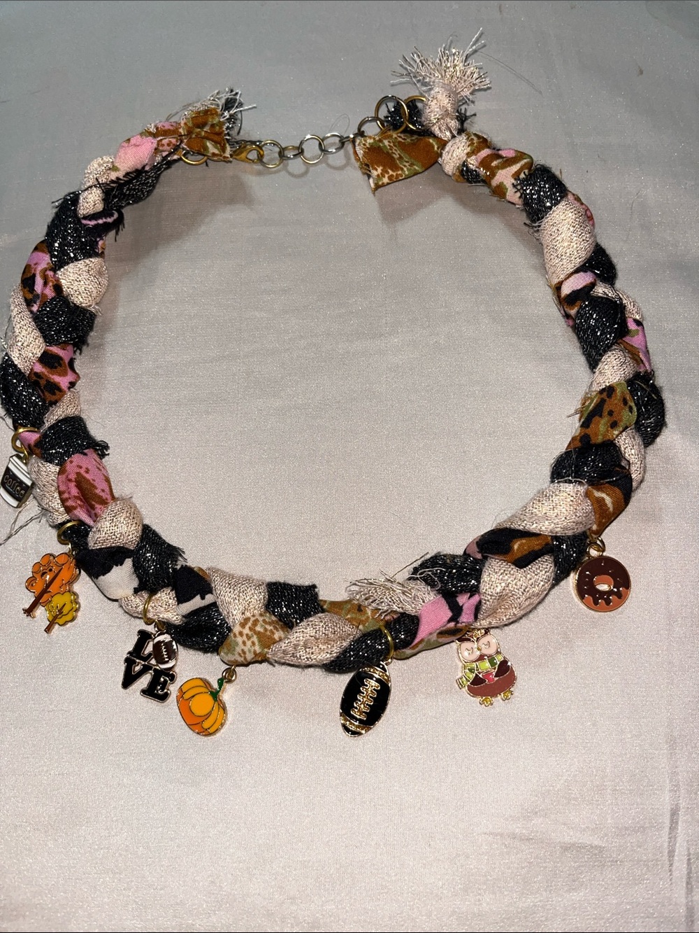 Braided Charm Necklace in Pink, Black & Beige with Mixed Charms